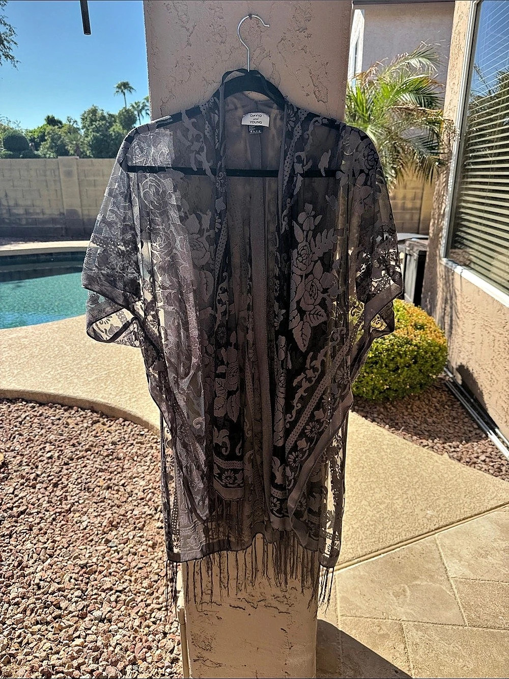 David and Young Black Floral Velvet Burnout Fringe Kimono Shawl One Size